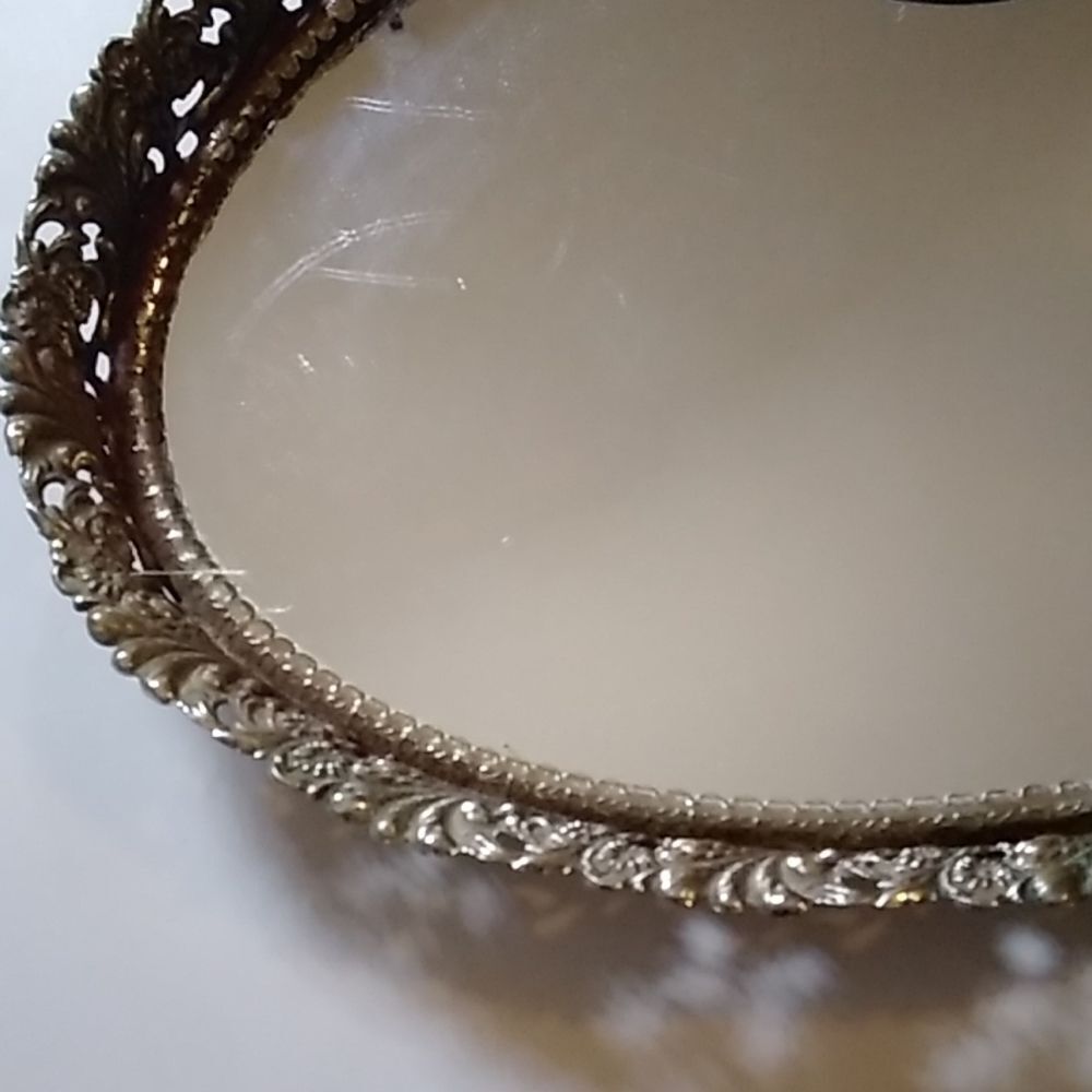By Sale Vintage Oval Tone Gold Brass Vanity Perfume Tray Mirror - Picture 5 of 8